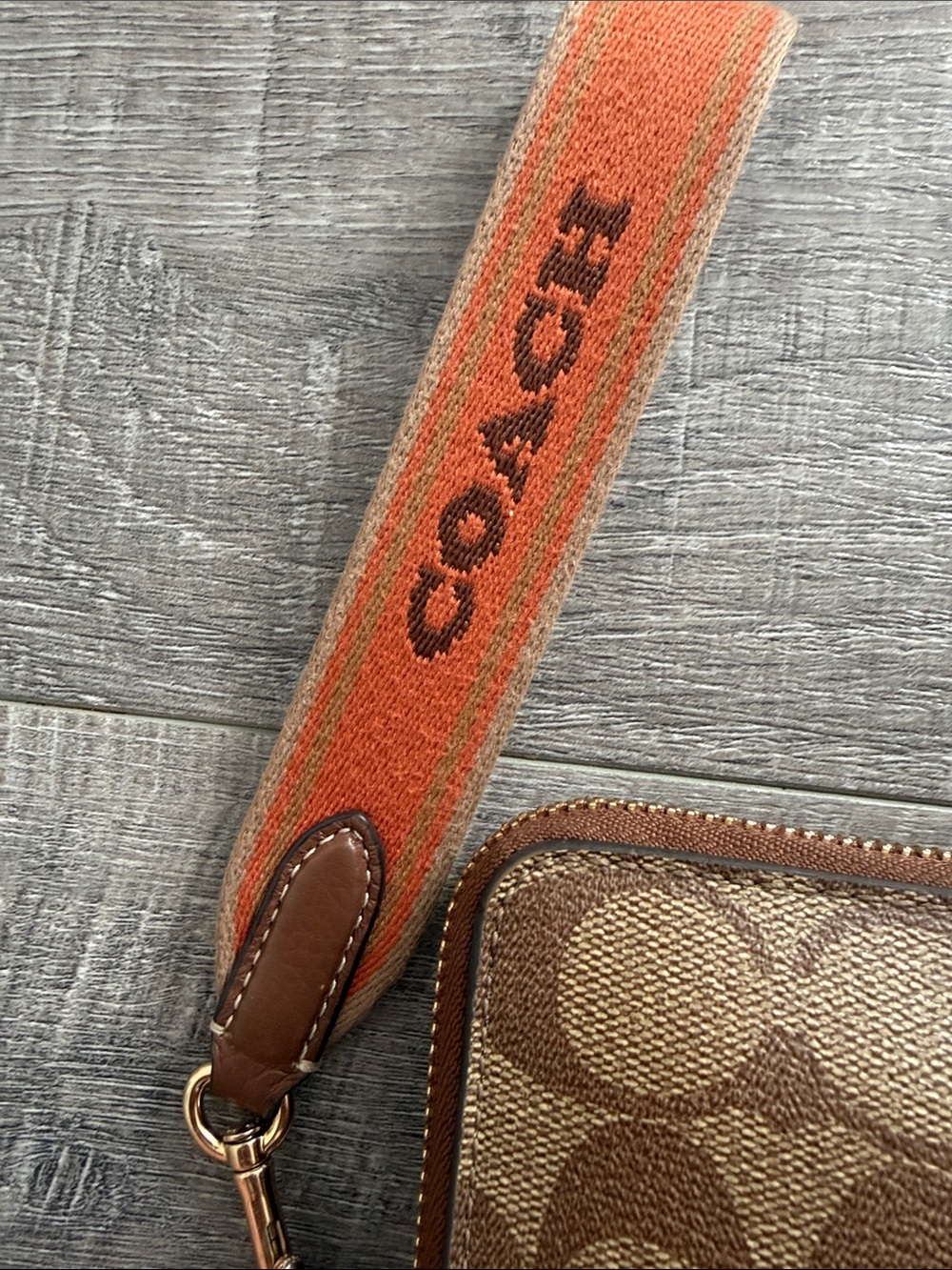 Coach Brown Signature Canvas Wristlet with Orange Strap - Picture 4 of 13